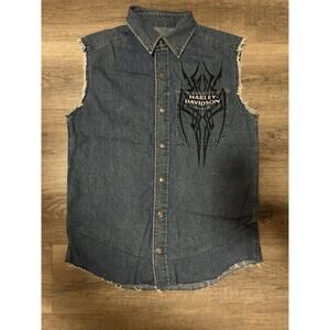 Harley-Davidson Denim Vest Men’s Small Blue Sleeveless Jean Jacket Biker Logo